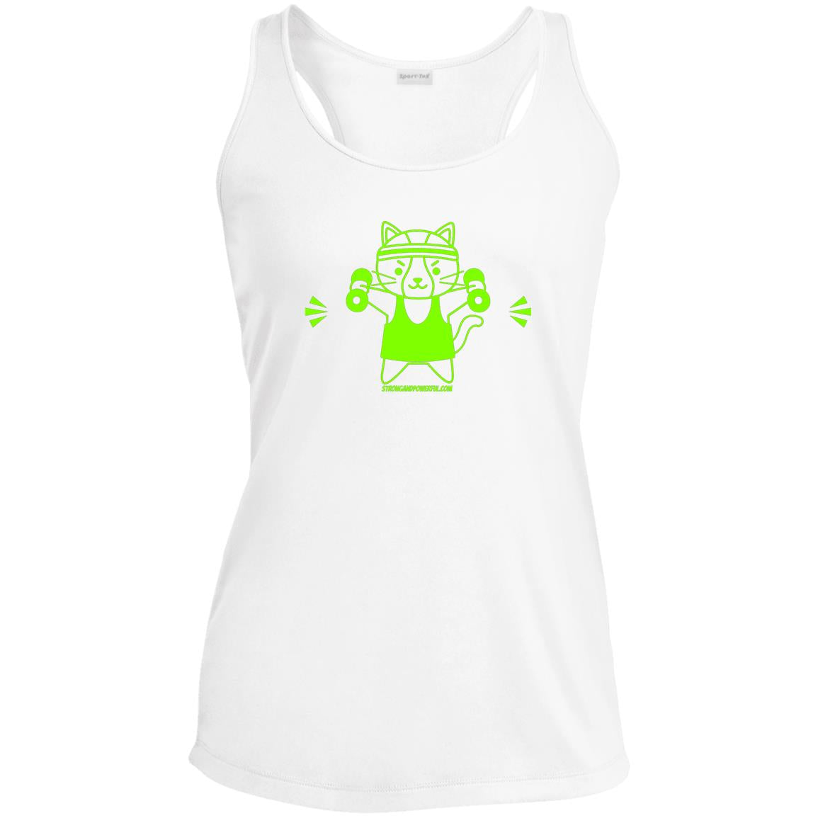 Karma the Kitty Dumbbell Workout Chartreuse Ladies' Performance Racerback Tank Dri-Fit